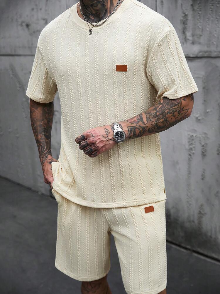 Manfinity CasualCool Men's Graphic Print Short Sleeve T-Shirt And Shorts Casual Set,Men Old Money,Daily Leisure, Weekend Trips, Outdoor Activities, Travel Expeditions, Relaxed Work Environments Or Semi-Formal Occasions, Boyfriend/Husband Gift, Anniversary /Birthday Gift Party Summer Vacation Holiday,Wedding,Spring To Summer,Easter,Men's Cream Knitted Short Sleeve T-Shirt And Shorts Set Casual Summer Outfit Textured Lounge Wear,Knit Two Piece Set Men,Men Two Piece Set Summer,Cream Outfit Men,Men Summer Sweatsuit - Apricot - View 1