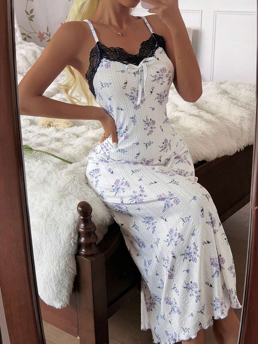 SHEIN 浪漫女士蕾丝领睡裙，舒适休闲连衣裙 - 白色 - 查看 1