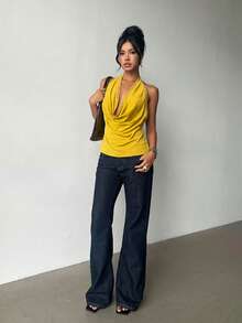 Aloruh Áo hở lưng cổ chữ V khoét sâu gợi cảm đính đinh tán, thích hợp cho mùa hè. - Màu vàng - Xem 6