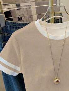 Tween Girl Casual, Retro American Campus Classic Logo Graphic Short Sleeve Crew Neck T-Shirt, Suitable For Summer, American Chic Vacation, Coffee Color Fitted Daily Casual Wear, White Printed Striped Fashion Comfortable Versatile All Season, Equestrian White Fitted Cropped Suitable For Spring, Summer, Autumn, Winter, Light Brown - Multicolor - View 7