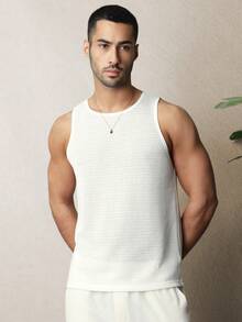 SUMWON 宽松V领无袖镂空针织背心，扎染图案，夏季休闲纯色款 - 白色 - 查看 4