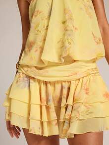 SHEIN BAE Đầm hoa nhí màu vàng, cổ buộc dây, viền bèo nhún, thích hợp cho mùa xuân/hè. - Màu vàng - Xem 6