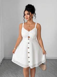 SHEIN Clasi Women's Solid Color Button Fashionable Chic Party Gym Dress Brown Summer - White - View 5