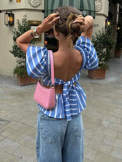 Pariaura 2026 New Arrival Women's Blue & White Striped Shirt - Chic Cap Sleeves With Bow Tie Straps, Versatile Casual Office Minimalist Vacation Style Tie Back Top Backless Shirts Striped Top Backless Tops