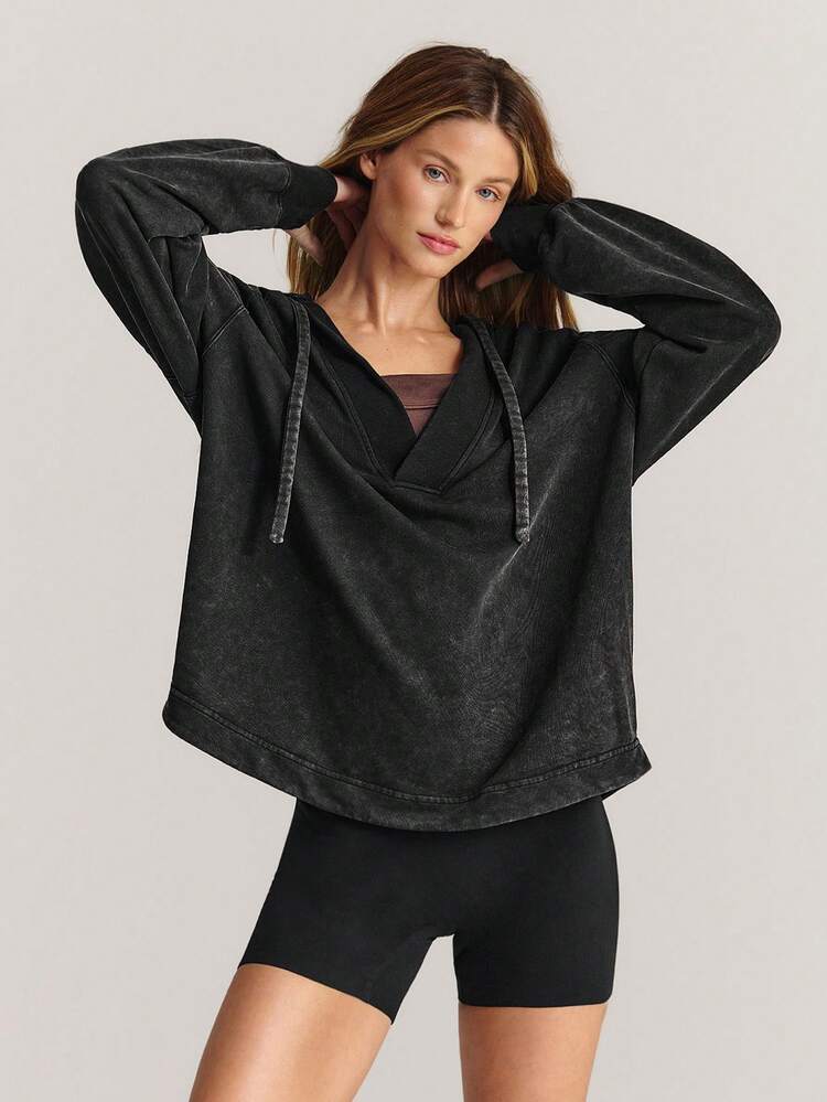 Everyday Terry Cozy Motivation Soft Breathable Sweat-Wicking Vintage Wash Oversized Deep V-Neck Tunic Hoodie Sweatshirt Daily Casual Wear