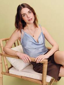 lacRébo Sky Blue Polka Dot Cowl Neck Cami Top With Tie Shoulder Straps Spring Summer Chic Going Out Spring Summer Vacation French Style Parisian Style - Blue - View 1