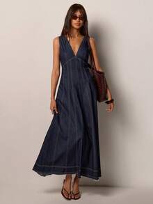 COSMINA 女士深V领无袖休闲牛仔连衣裙 - 深色水洗藍 - 查看 1