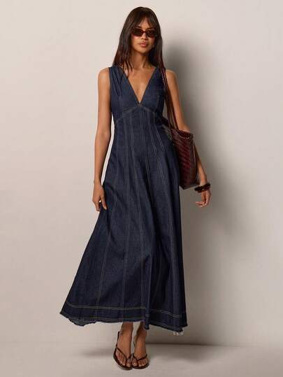 COSMINA Women's Deep V-Neck Sleeveless Casual Denim Dress
