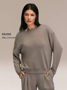 GLOWMODE SoftSerene Modal Cozy Companion Soft Silky-Smooth Breathable Waist-Length Boatneck Pullover Sweatshirt Daily Casual Wear - Mocha Brown - View 1