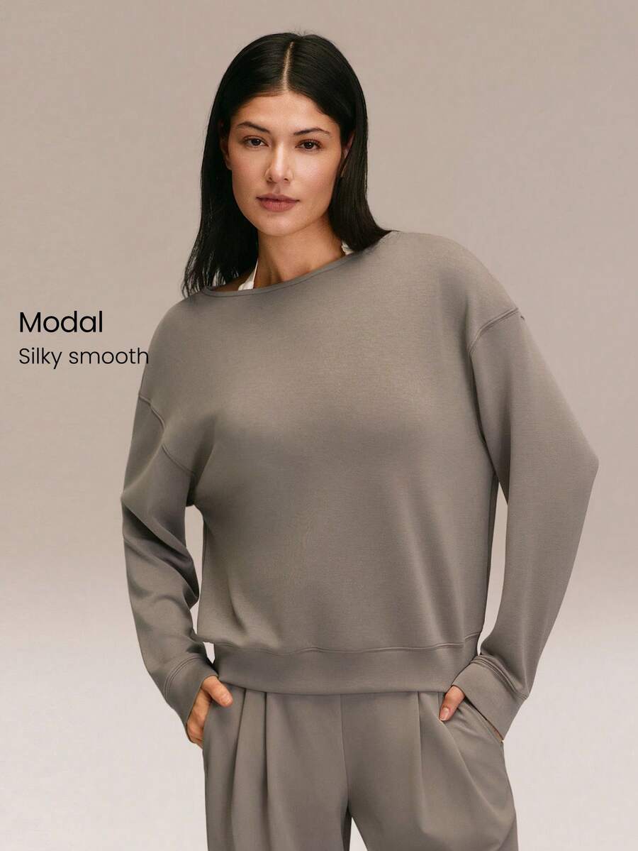 GLOWMODE SoftSerene Modal Cozy Companion Soft Silky-Smooth Breathable Waist-Length Boatneck Pullover Sweatshirt Daily Casual Wear - Mocha Brown - View 1