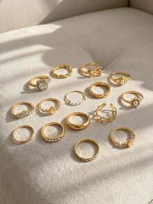 Resyla 15pcs Luxury Cubic Zirconia Stacking Rings, Fashion Bowknot, Pearl, Heart Rings Adjustable For Women, Suitable For Daily, Wedding, Party, Gift For Friends And Family - Gold - View 2