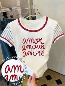 Resyla Áo thun nữ tay ngắn cổ tròn in chữ và sọc, kiểu dáng thường ngày. - Nhiều màu - Xem 6