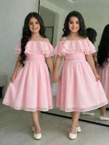 SHEIN 少女优雅粉色荷叶边吊带连衣裙，夏季 - 粉色 - 查看 1