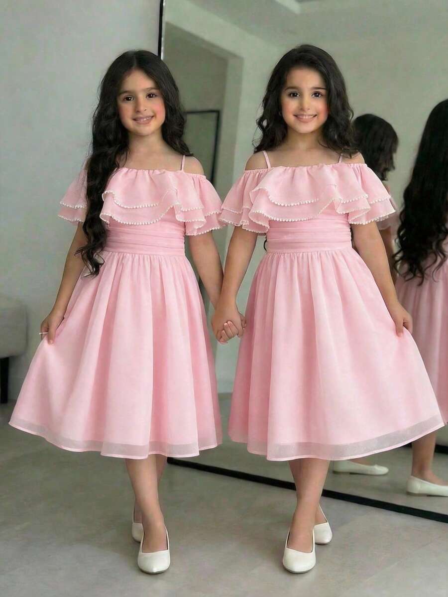 SHEIN 少女优雅粉色荷叶边吊带连衣裙，夏季 - 粉色 - 查看 1