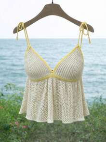 GlowEve Elegant Hollow Out Camisole Women Sweater, Spring/Summer - Khaki - View 1