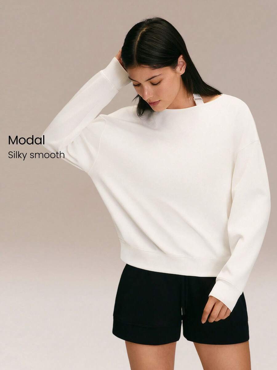GLOWMODE SoftSerene Modal Cozy Companion Soft Silky-Smooth Breathable Waist-Length Boatneck Pullover Sweatshirt Daily Casual Wear - White - View 1
