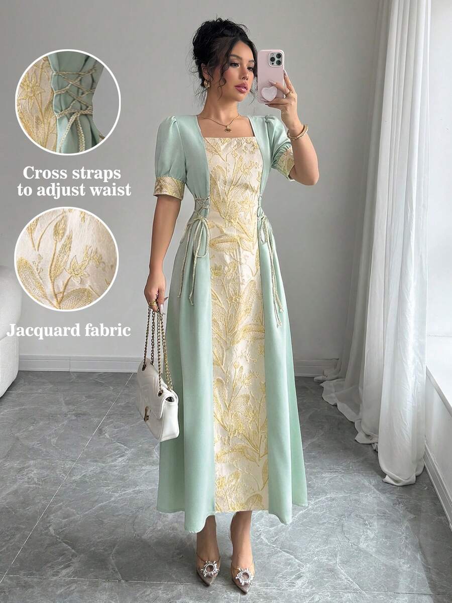 Elenzga 优雅提花拼接抽绳系领连衣裙（女款） - 綠色 - 查看 1