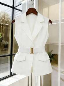 GlowEve Women's Sleeveless Waistcoat With Metal Buckle Waist Belt, Fashionable Versatile Elegant Outerwear - White - View 3
