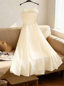 Franclia Đầm midi dáng suông thanh lịch đính sequin dành cho nữ, thắt eo, thích hợp cho các buổi hẹn hò và tiệc tùng. - Màu be - Xem 2