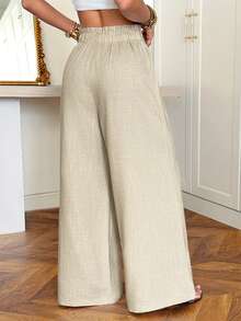 SHEIN EZwear Khaki Woven Women's Drawstring Waist Wide Leg Loose Pants - Khaki - View 2