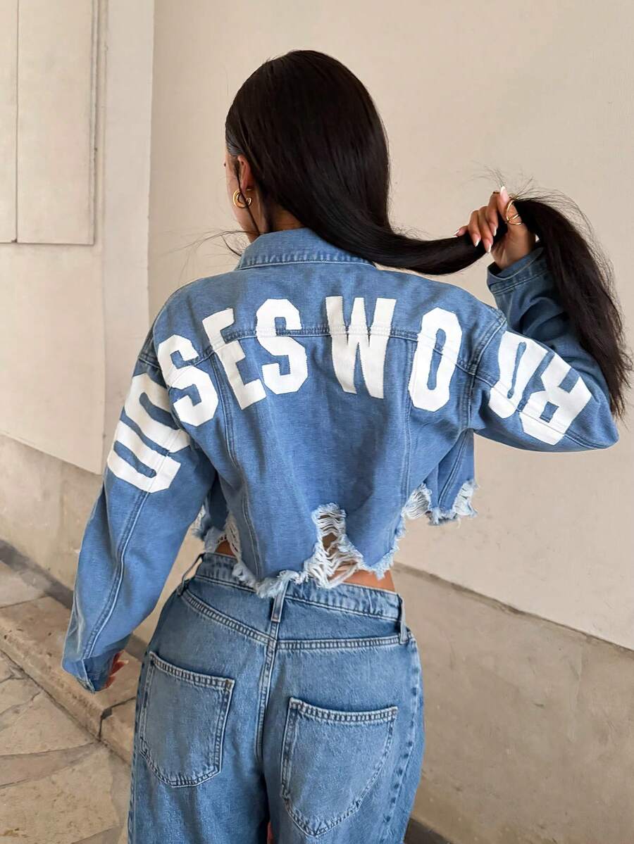 StreetHx Fashionable Casual Sports Street Style Distressed Print Letter Denim Jacket - Light Wash - View 1