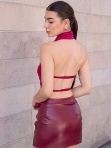Andrea Bello Women's New High Neck Backless Tie Camisole Top, Brown, For Party/Evening Wear, Autumn/Winter - Burgundy - View 2