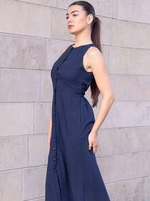 Andrea Bello Vacation Casual Solid Color Front Button Sleeveless Dress - Navy Blue - View 5