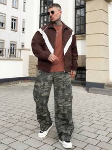 Artur Kramer 1件 Justice Brother 复古工装牛仔裤，迷彩设计休闲宽松阔腿裤，男士街头风（不含腰带/配饰） - 軍綠色 - 查看 1