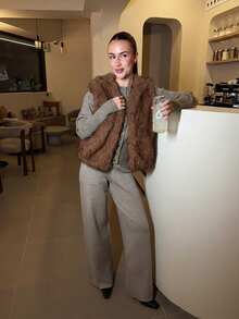 Abrilcols 秋冬女士咖啡棕色前开仿皮草夹克 - 咖啡棕 - 查看 4