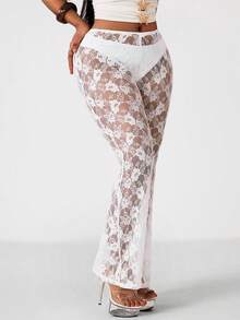 Vadaroq Women's Spring/Summer Streetwear Going Out Vacation Vintage Chic Lace Western Wear Mid Rise White Flare Pants - White - View 4