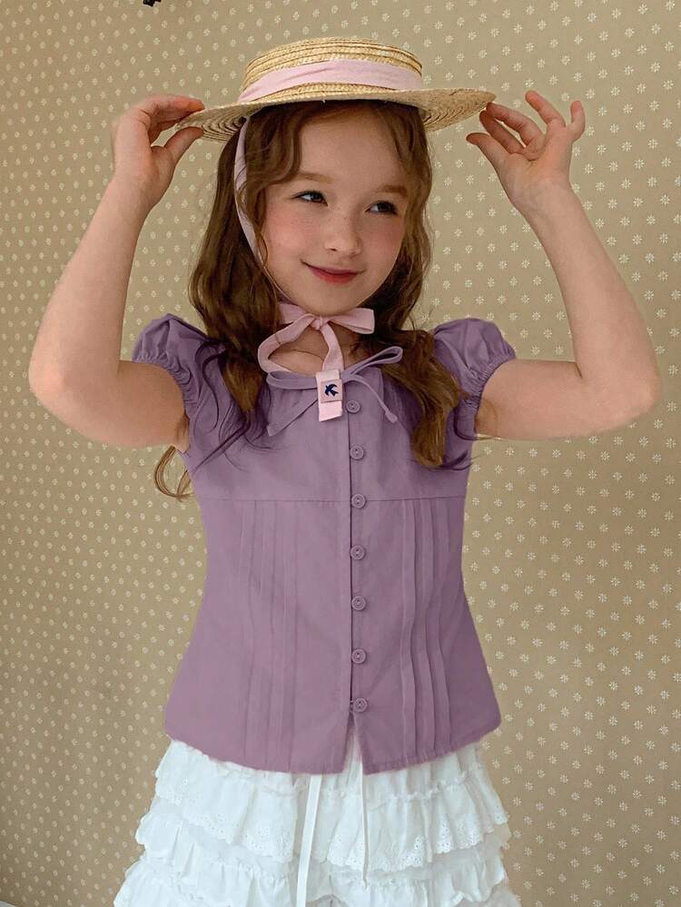 Tween Girls Solid Color Fitted Tie-Waist Puff Sleeve Blouse, Fall Summer