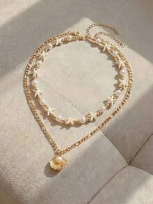 Resyla 2pcs/Set Summer Bohemian Ocean Wave Pearl Beads Starfish & Seashell Pendant Necklace, Women Fashion Metal Jewelry Fit For Daily Wear, Beach Holiday & Party - Gold - View 2