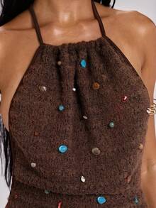 ROMWE Country Spring/Summer Colorful Beaded Decor Y2K Backless Sheer Sexy Crochet Mini Dress For Women - Apricot - View 2