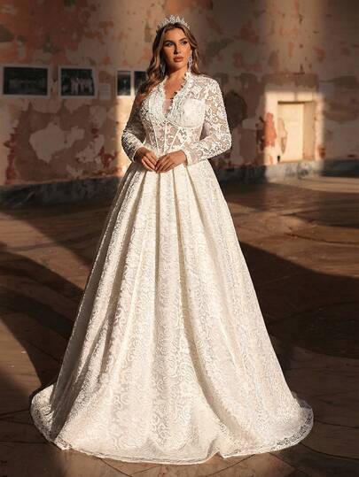 Aureia Plus Size Elegant White Summer Wedding Dress, Palace Style Long Sleeve Sheer Mandarin Collar Fishbone Decor French Lace Patchwork A-Line Gown