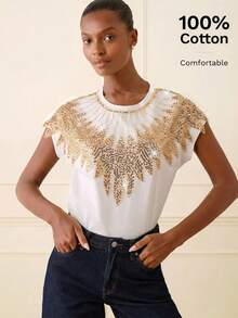 Lilora Women's Elegant Summer White And Gold Sequin Embellished Cotton T-Shirt,Flower Collar Round Neck Short Sleeve Top,Perfect For Birthday Party & Commute - White - View 2
