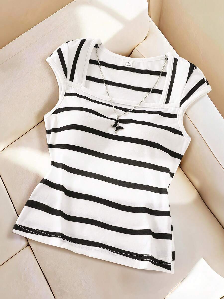 少女休闲条纹方领T恤，夏季 - 黑與白 - 查看 1