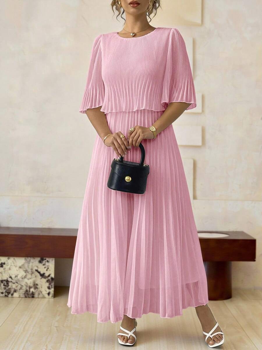 Roveilla Robe plissée en mousseline de soie de couleur unie élégante, tailles grandes, pour le printemps/l'été - Rose bonbon - Voir 1