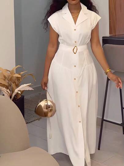 Elenzga Plus Size Women Solid Color Cap Sleeve Single-Breasted Elegant Shirt Dress