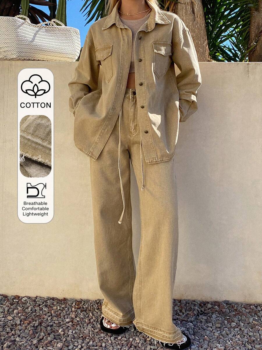 DAZY Women's Casual Denim Jacket And Pants Set, Autumn/Winter - Khaki - View 1