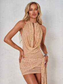 SHEIN Glamour 迷人女士纯色露背系带串珠不对称性感派对迷你连衣裙，优雅亮片开衩迷你连衣裙，透视连衣裙，女神连衣裙，牛奶黄连衣裙 - 淡黃色 - 查看 7