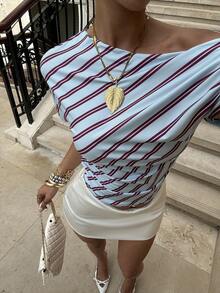 Siren Gaze Women's Casual Striped Asymmetric Collar T-Shirt, Summer - Baby Blue - View 7