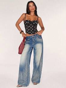 SHEIN BAE 女士波点印花舒适休闲吊带背心，可爱修身胸衣，适合所有季节，夏季背心，度假，早午餐，女士时尚休闲之选 - 黑與白 - 查看 6