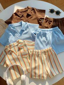 SHEIN 3件套男女宝宝休闲条纹短袖polo衫、衬衫、针织上衣和短裤套装，春夏宝宝服装 - 彩色 - 查看 8