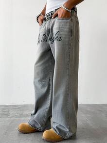 PAVTROS Washed Ash Grey Loose Straight Leg Jeans With English Slogan Print, Casual Street Style, Spring/Summer - Grey - View 4