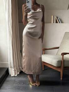 Livesso Đầm midi satin hai dây eo dành cho nữ - Màu Khaki - Xem 6