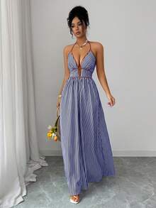 Elenzga Đầm hở lưng cổ yếm kẻ sọc phong cách thường ngày cho kỳ nghỉ - Xanh và trắng - Xem 4