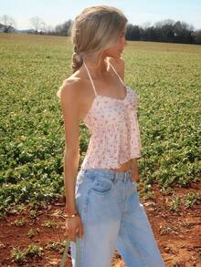 Sydney Algeri Yellow Ditsy Floral Hollow V-Neck Cute Sexy Backless Camisole Top, Short Style, Spring/Summer - Multicolor - View 6