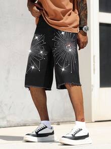 Manfinity EMRG Stylish Men's Rhinestone Black Denim Bermuda Shorts Avant-Garde Street Casual With Graphic Pattern - Black - View 9