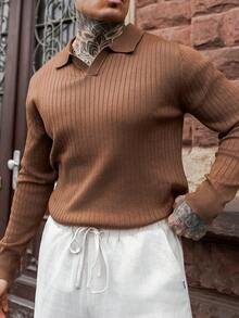 Artur Kramer HUODA 男士宽松薄款长袖条纹针织 Polo 衫，简约时尚，适合日常通勤、春秋季穿着。 - 咖啡棕 - 查看 3