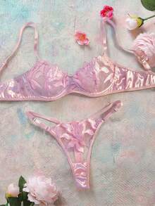 Elorette Conjunto de lencería sexy de 2 piezas con bordado floral y malla para salir - Rosa - Ver 3